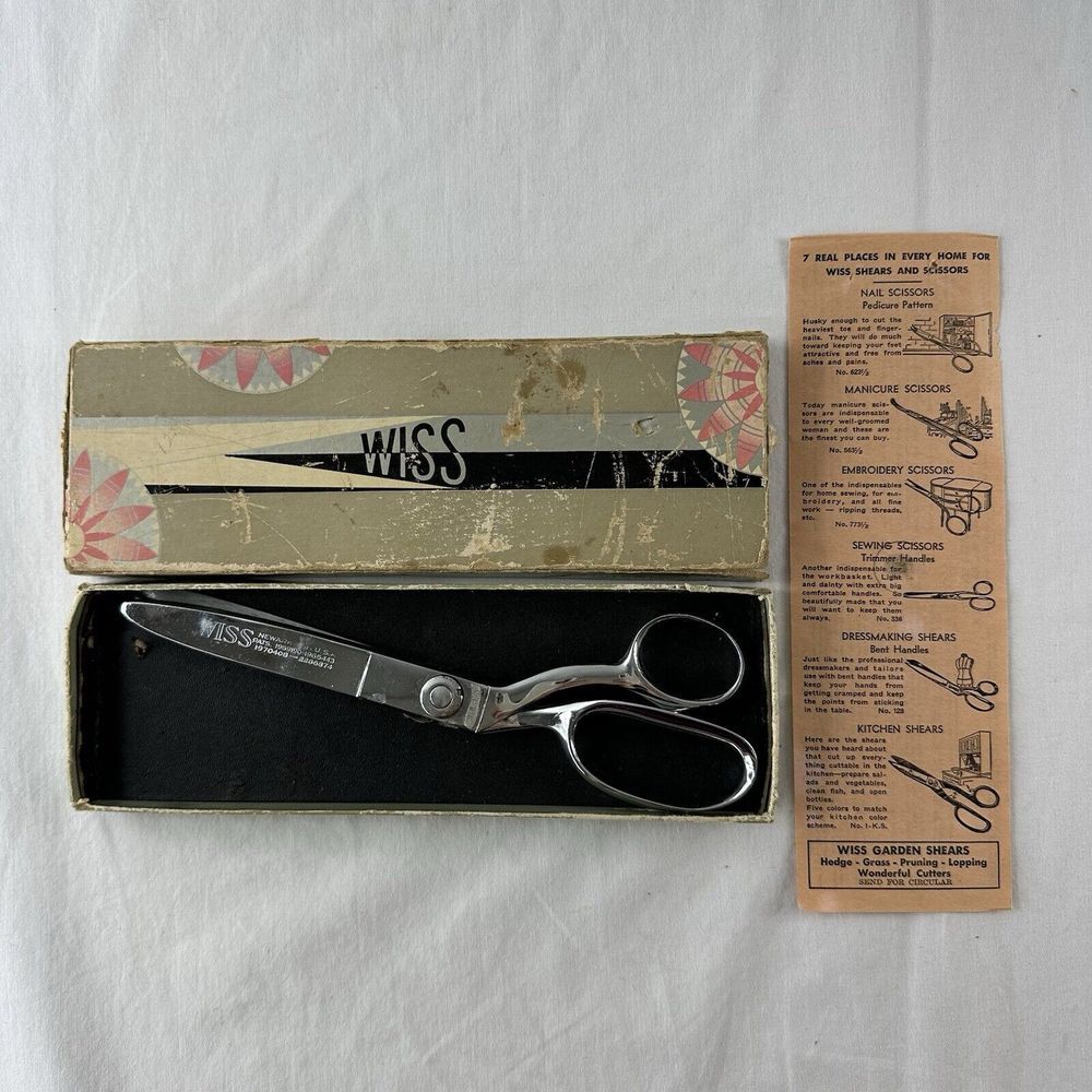 Vtg J Wiss & Sons Tailor Fabric Pinking Scissors Shears USA Original Box Chrome‎